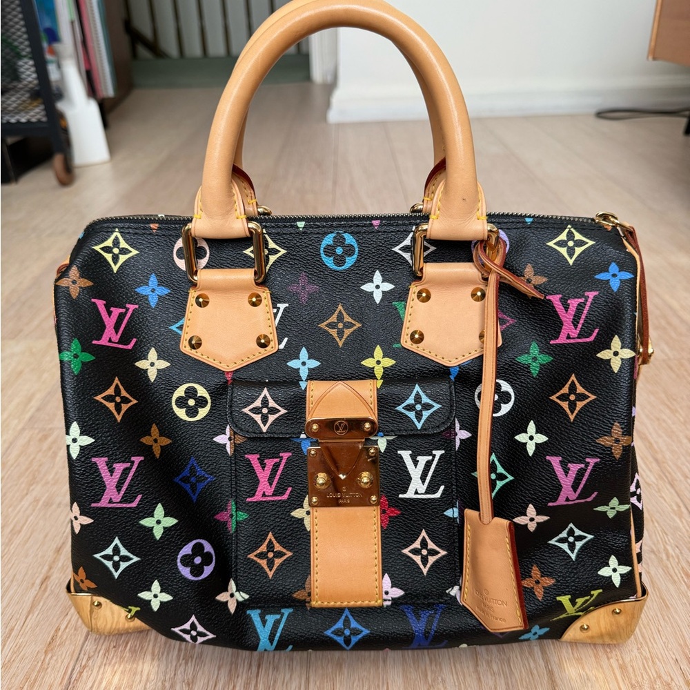 Louis Vuitton Black Canvas with Multicolor Monogram and Tan Leather, Speedy 30.